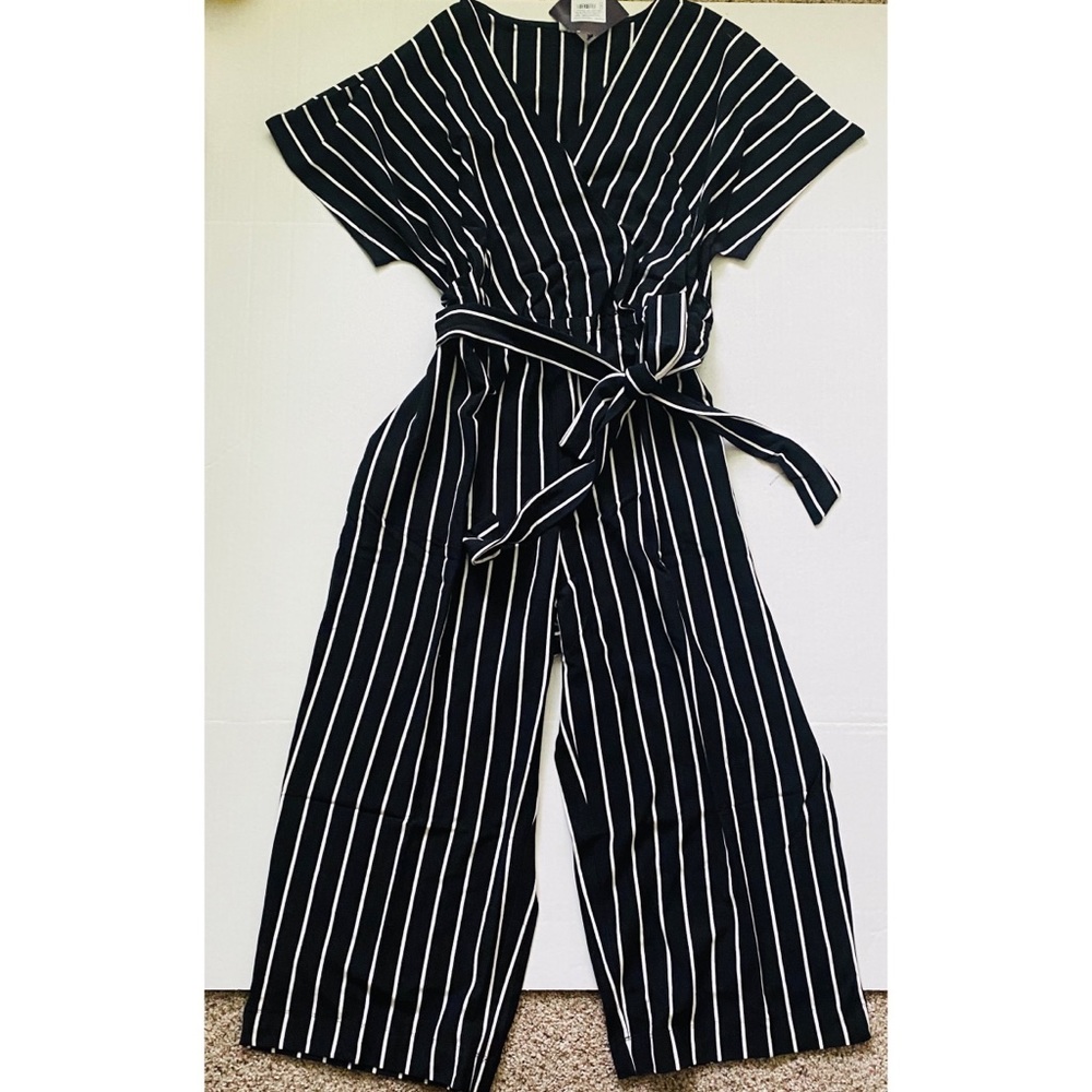 NWT Ava & Viv Jumpsuit Black White Stripe V-neck